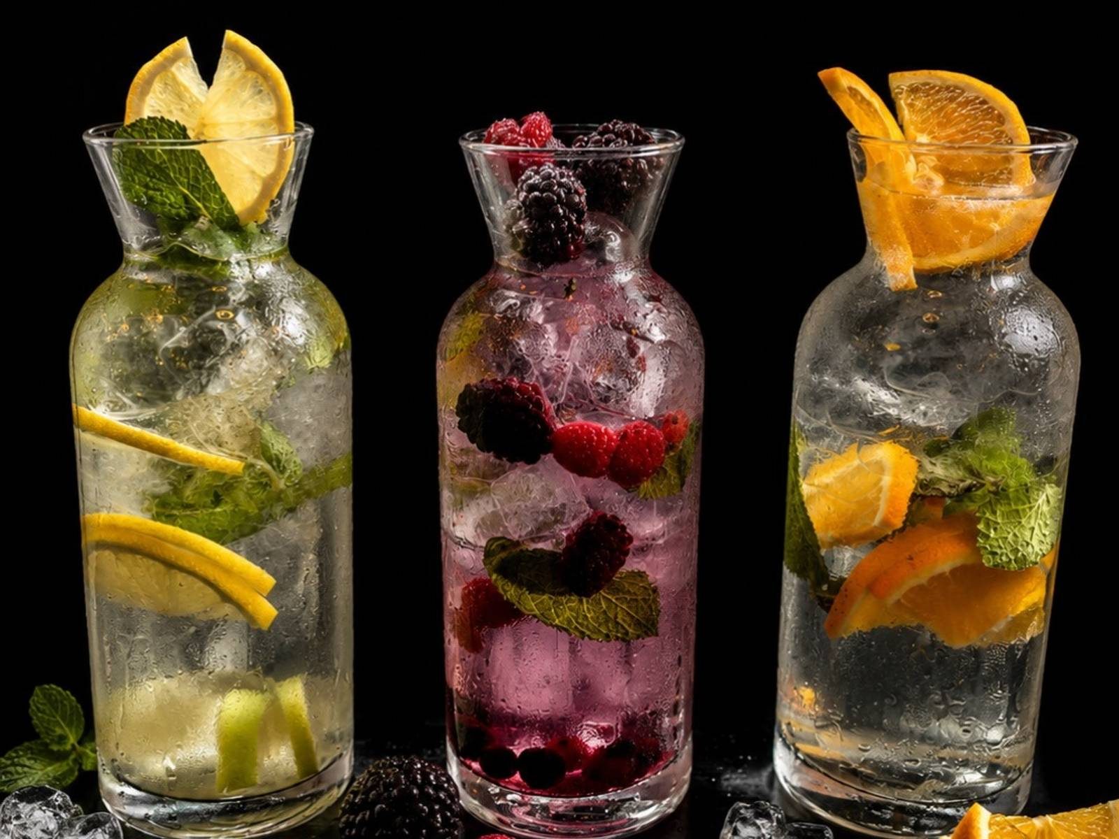 Drei Karaffen Infused Water mit Zitrone und Minze, Brombeeren und Orange